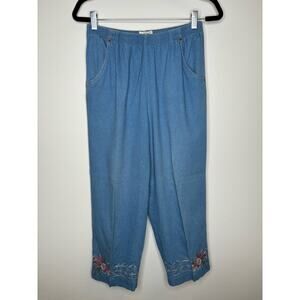 Vintage Koret Baggy Cropped Denim Pants with floral embroidery